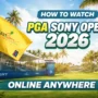 Wide 16:9 view of the Sony Open in Hawaii golf course with palm trees and a yellow tournament flag waving near the green, captured during PGA Tour action in Honolulu.