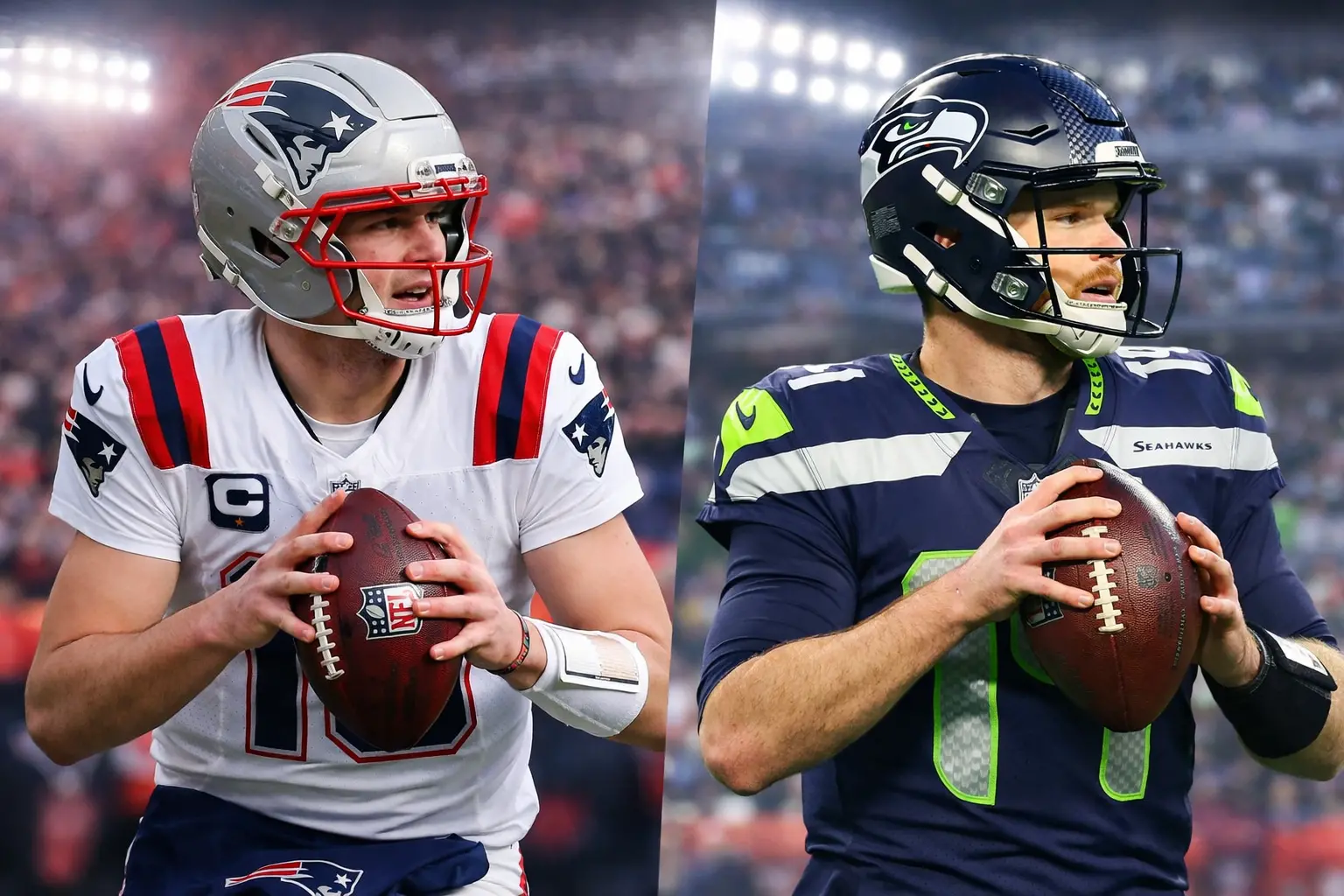super-bowl-2026-quarterbacks-patriots-vs-seahawks | Venclikovi.com Quarterbacks Drake Maye (Patriots) and Sam Darnold (Seahawks) pictured ahead of Super Bowl 2026, both ready to lead their teams in the highly anticipated rematch at Leviβs Stadium.