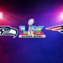 Super Bowl 2026 matchup between the Seattle Seahawks and New England Patriots with the official Super Bowl LX logo centered and team logos evenly spaced on a stadium-lit background.