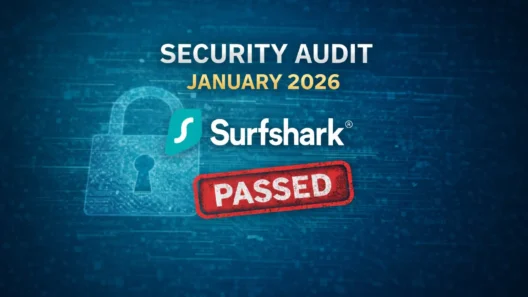 Surfshark logo with “Security Audit January 2026” text and a red PASSED stamp on a blue cybersecurity background, showing the VPN passed an independent audit.