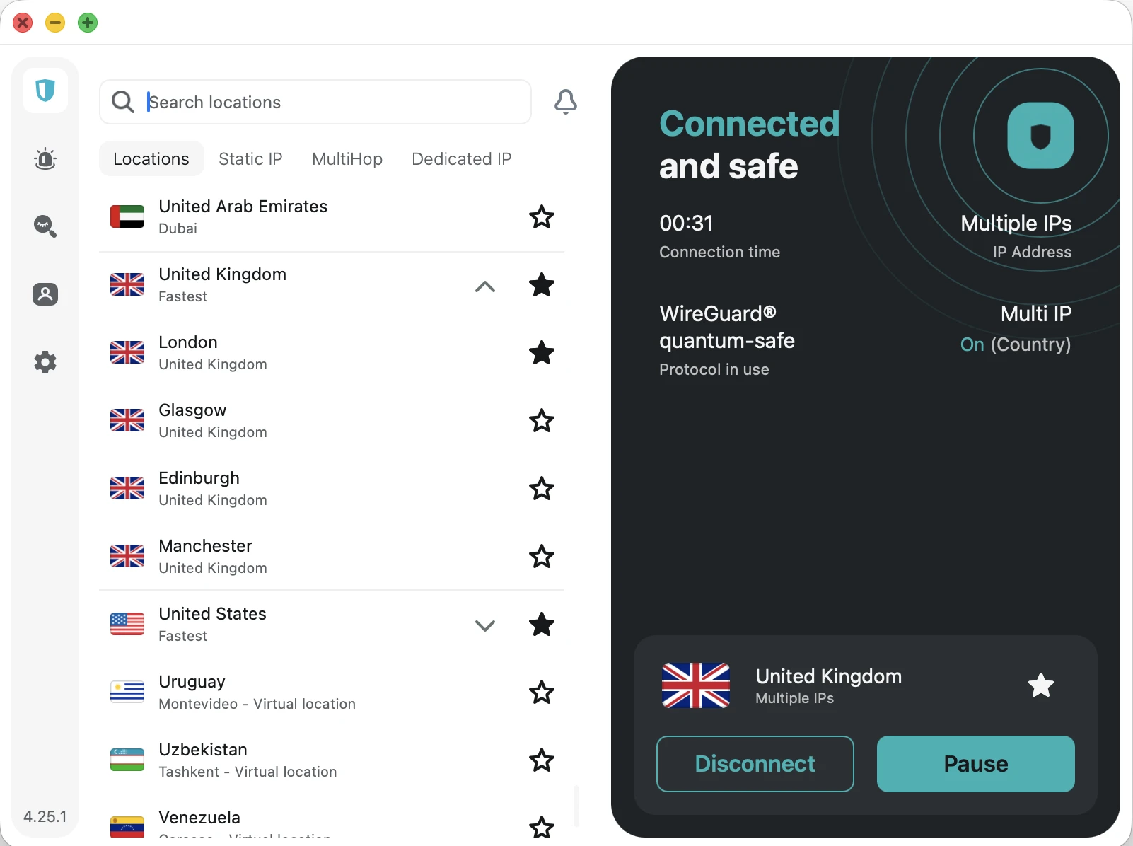 surfshark-uk-connected | Venclikovi.com Surfshark VPN connected to a United Kingdom server, allowing Super Bowl 2026 live streaming on UK platforms across multiple devices.
