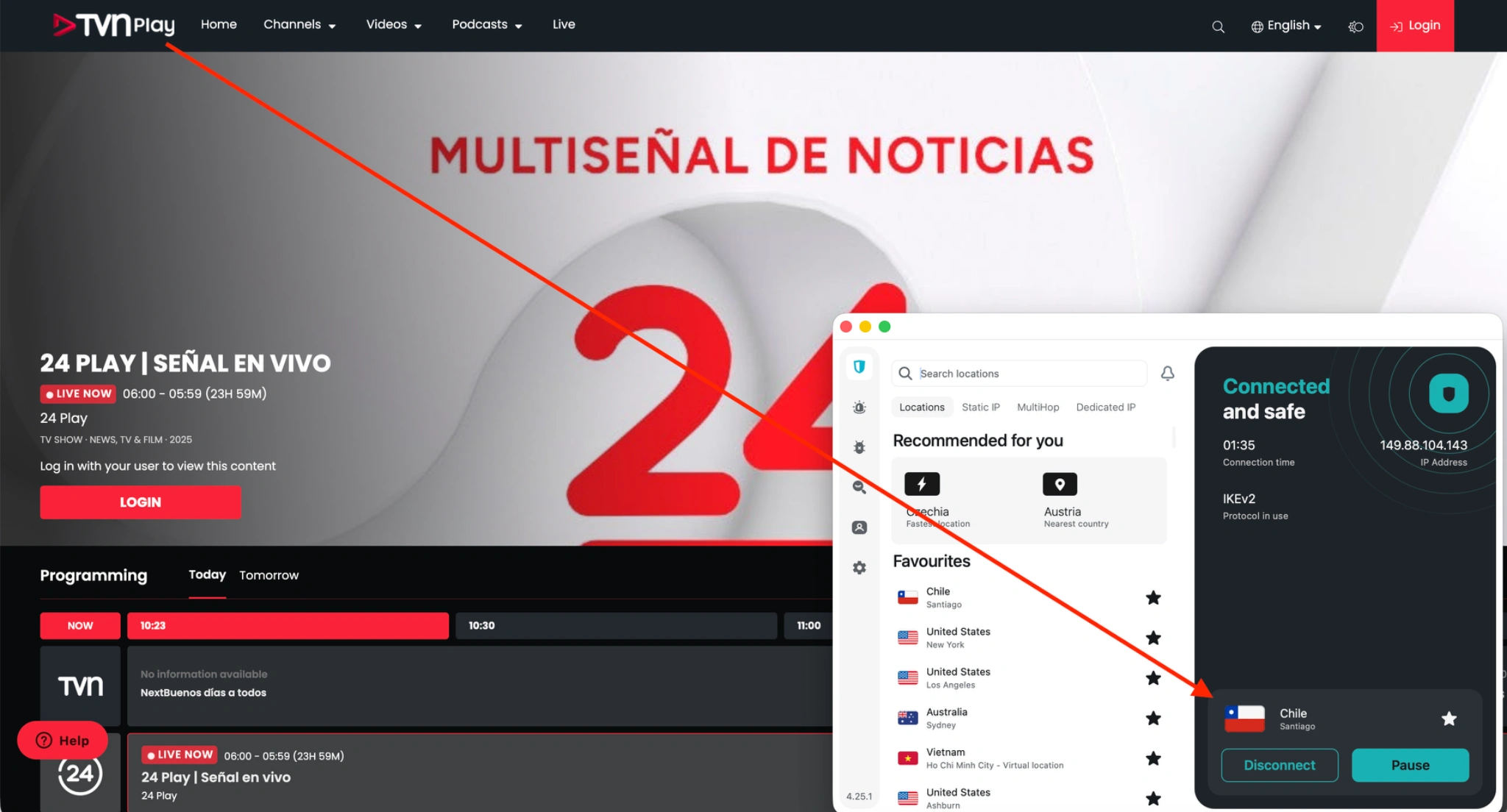 tvnplay-surfshark-chile | Venclikovi.com Live stream on TVN Play Chile working with Surfshark connected to Chile server