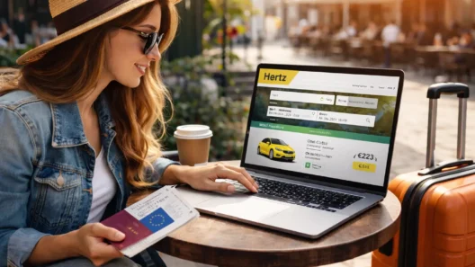 Laptop screen showing car rental search with VPN enabled, comparing prices while booking a rental car online during travel