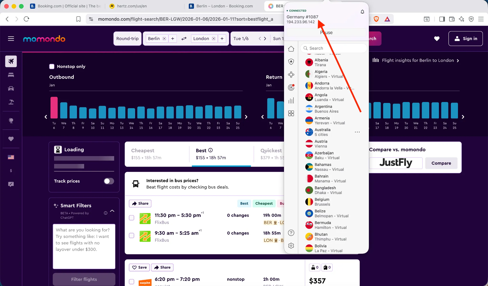 vpn-germany-momondo-flight-search | Venclikovi.com VPN set to Germany while browsing flights on Momondo