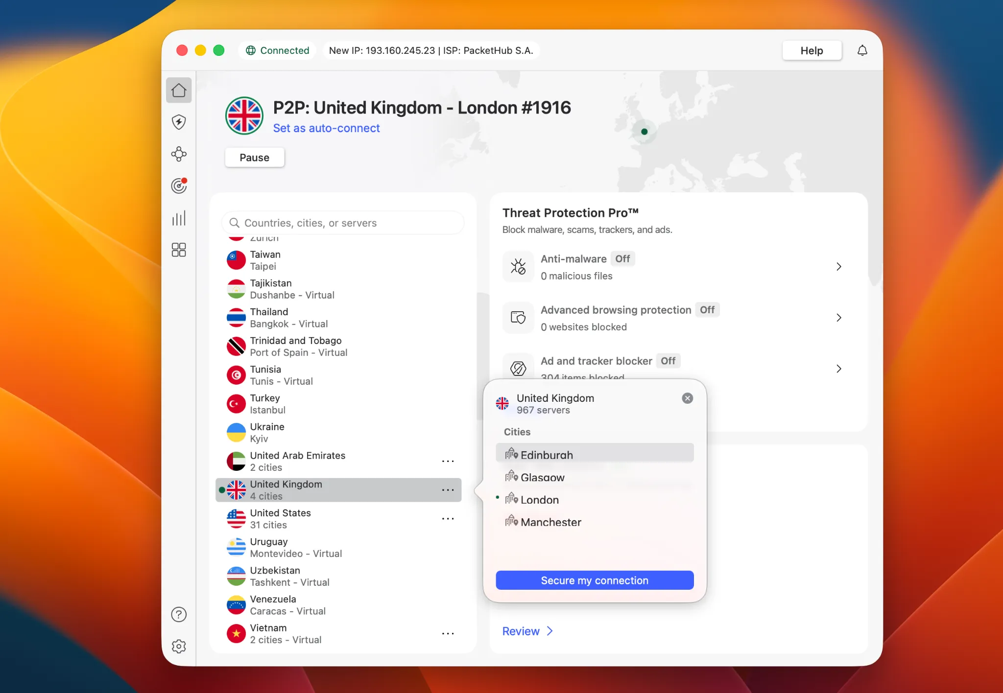 vpn-london-uk-server-selection | Venclikovi.com VPN connected to London server from the United Kingdom