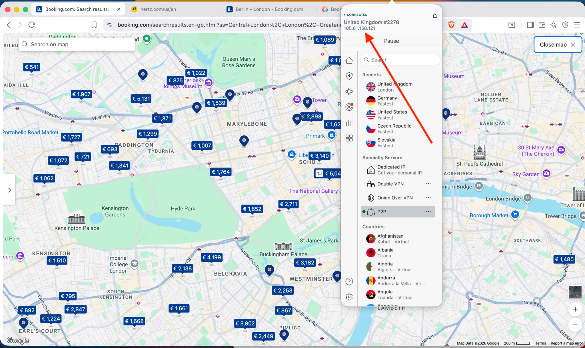 vpn-uk-booking-hotel-prices-map | Venclikovi.com VPN connected to the UK while exploring hotel prices in London