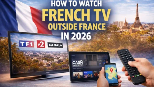 TV, tablet and smartphone showing French TV content with a Paris skyline in the background, illustrating how to watch French TV outside France in 2026.