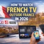 TV, tablet and smartphone showing French TV content with a Paris skyline in the background, illustrating how to watch French TV outside France in 2026.