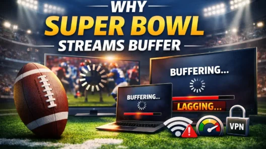 Super Bowl live stream buffering on a laptop, showing lagging video and unstable connection during the game