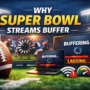 Super Bowl live stream buffering on a laptop, showing lagging video and unstable connection during the game