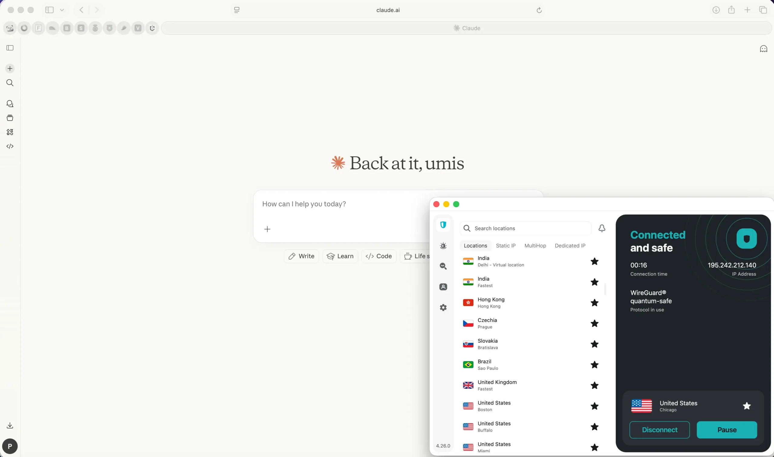 Access Claudeai with SurfShark | Venclikovi.com Screenshot of the Claude.ai dashboard with a Surfshark VPN window connected to a Chicago, USA server.