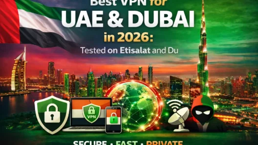 Promotional banner showing Dubai skyline with Burj Khalifa and UAE flag, highlighting the best VPN for UAE and Dubai in 2026, tested on Etisalat and Du, with security icons representing privacy, encrypted connection, and bypassing internet restrictions.