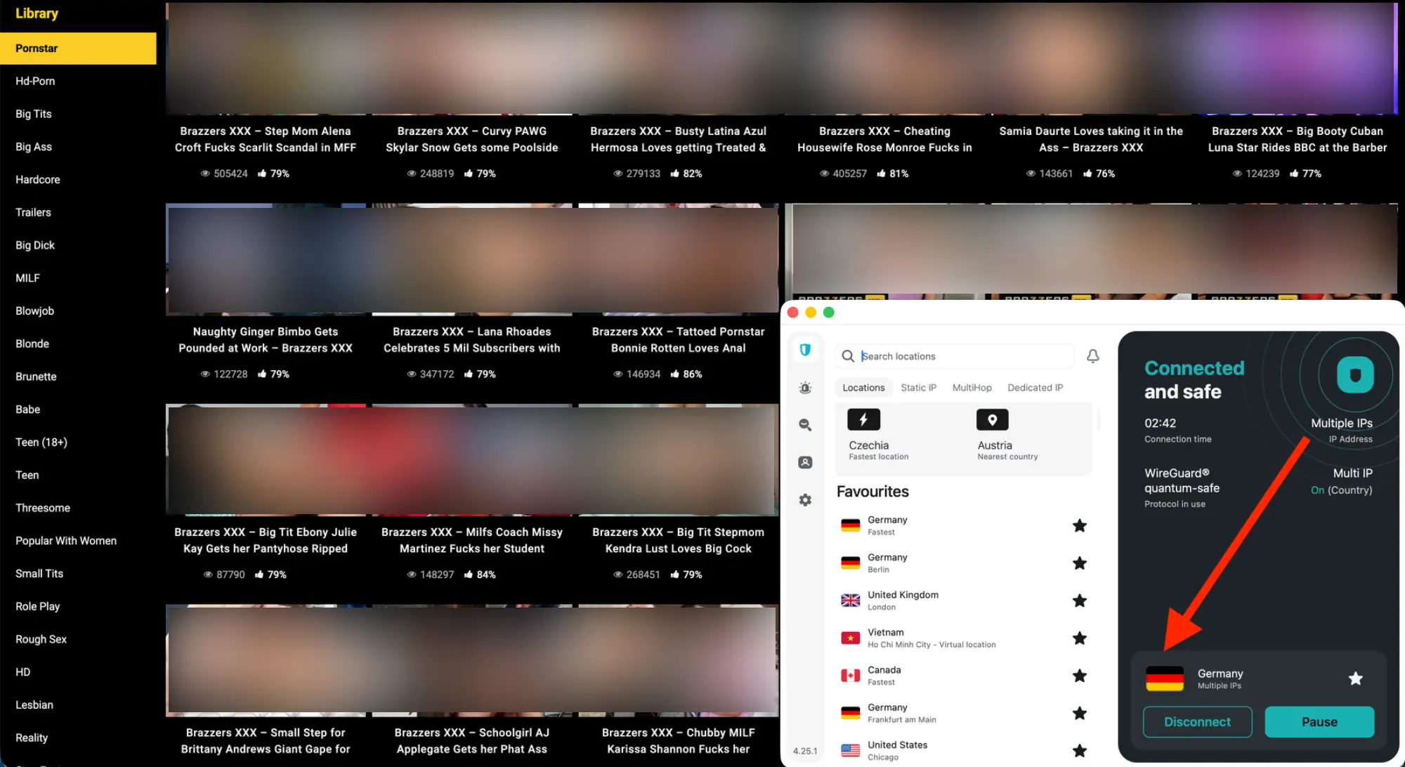 Brazzers unblock with SurfShark VPN | Venclikovi.com Blurred Brazzers video library accessed while connected to a German IP address using Surfshark VPN