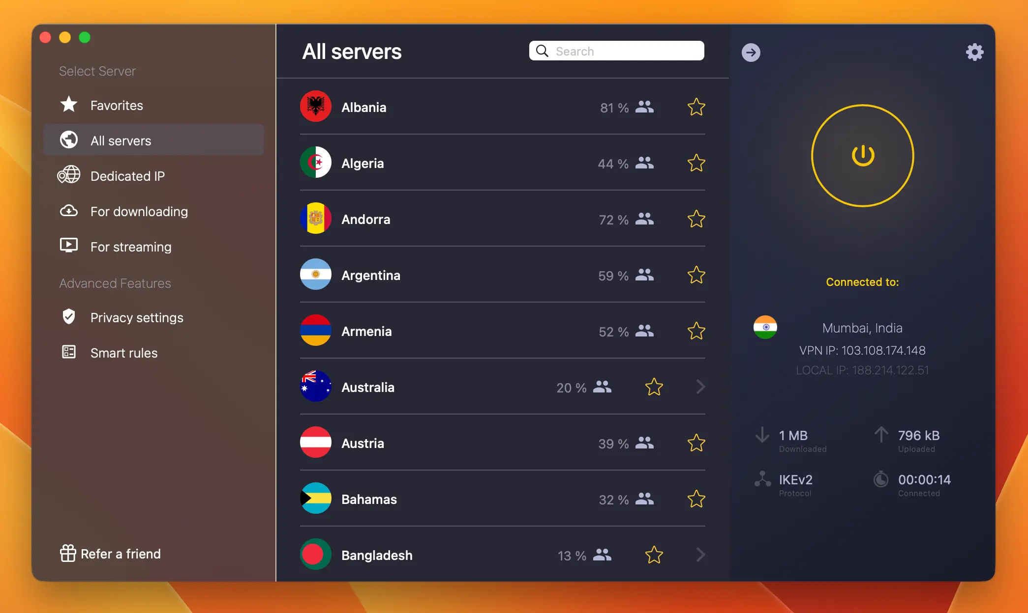 CyberGhost India UFC | Venclikovi.com CyberGhost VPN server list highlighting the India server option alongside a connected status to a Mumbai IP address.