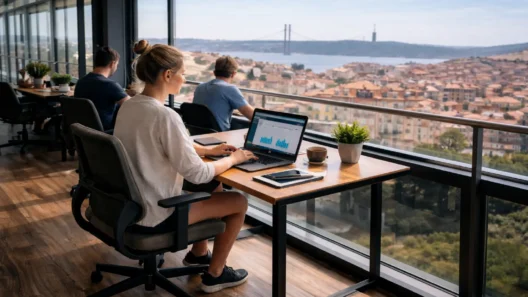 Digital nomads working on laptops in a modern co-working space with a stunning panoramic view of Lisbon’s terracotta roofs and the iconic bridge.