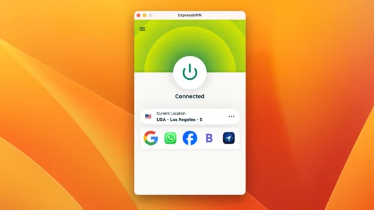 ExpressVPN desktop app connected to a Los Angeles server showing active VPN protection and U.S. location selection.