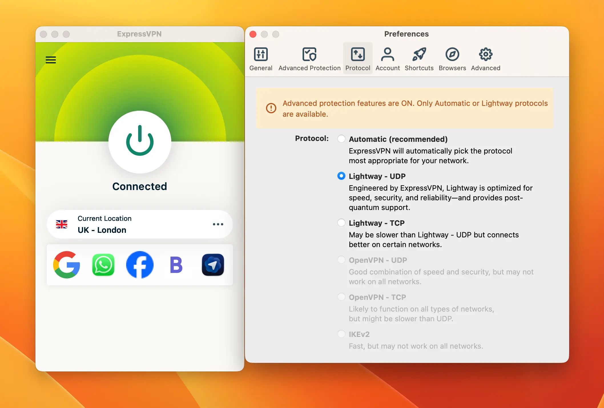ExpressVPN connect London for whastapp in UAE | Venclikovi.com ExpressVPN macOS app settings showing the Lightway - UDP protocol selection to bypass WhatsApp calling blocks in the UAE 2026.