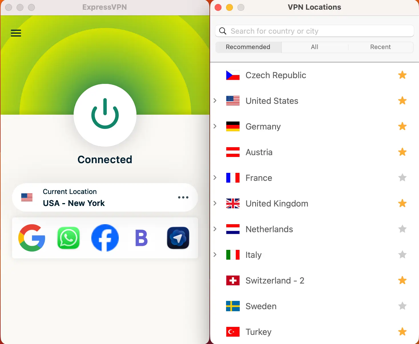 ExpressVPN | Venclikovi.com ExpressVPN connected to a New York server, ready to stream Olympic skiing