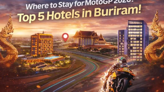 A high-octane digital art piece showing a MotoGP rider racing past luxury hotels in Buriram at sunset, featuring the text "Where to Stay for MotoGP 2026? Top 5 Hotels in Buriram!" with a red location pin over the Chang International Circuit area.