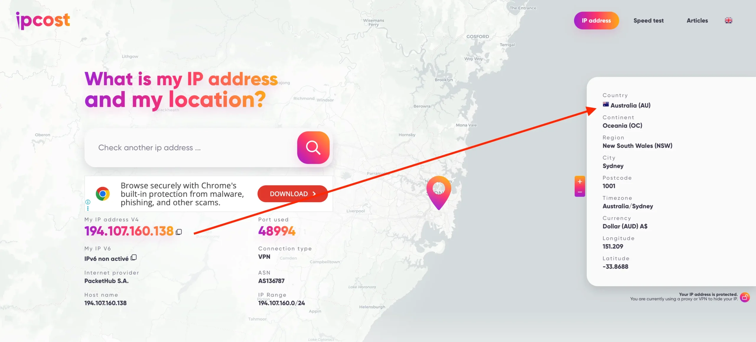 IP australia | Venclikovi.com IP address 194.107.160.138 showing as located in Sydney, Australia while connected via VPN