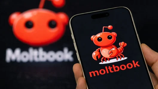 Close-up of the Moltbook logo on a smartphone screen, symbolizing the AI-only social platform at the center of a major 2026 security breach involving over 770,000 agent accounts