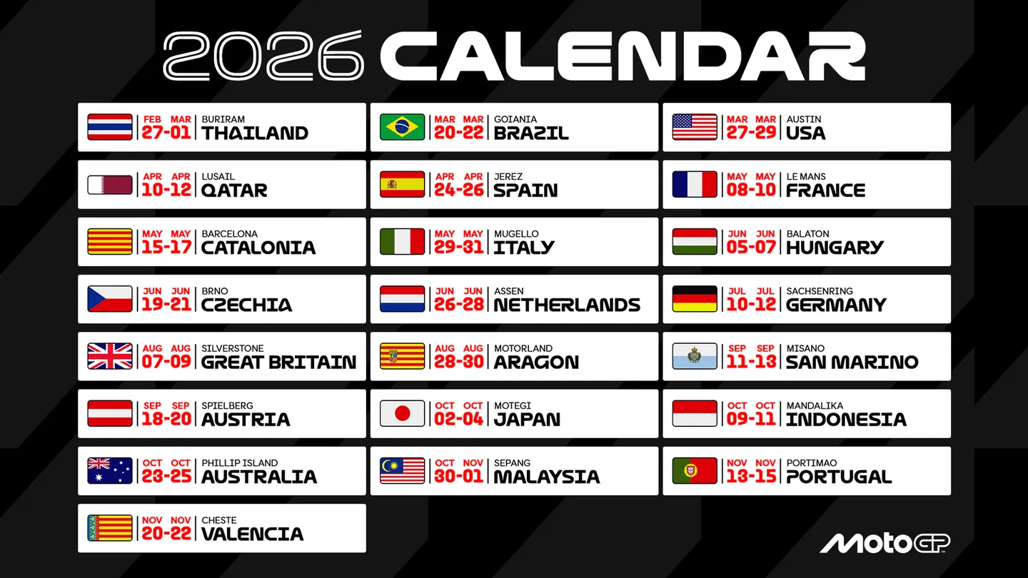 MotoGP 2026 - Calendar | Venclikovi.com Official 2026 MotoGP race calendar graphic listing all 22 rounds with dates and locations, starting with the Thai Grand Prix in February and concluding with the Valencia season finale in November.
