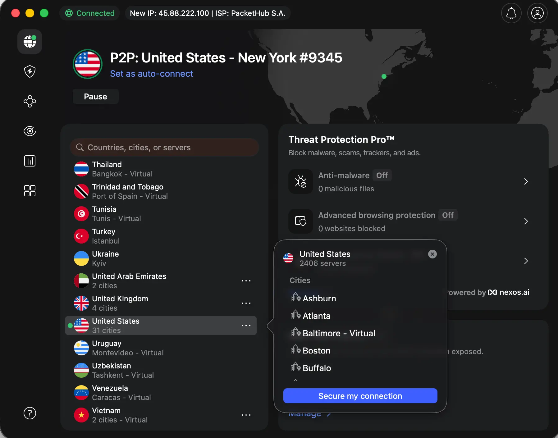 NordVPN | Venclikovi.com NordVPN app connected to New York server with full server list visible