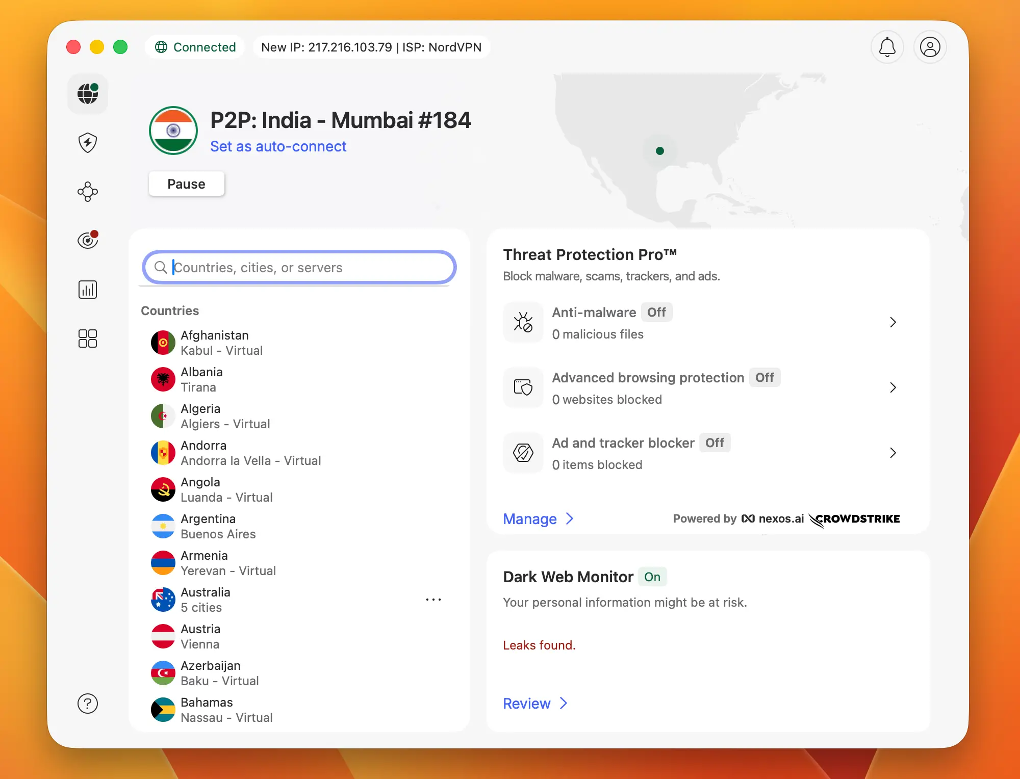 NordVPN India UFC streaming | Venclikovi.com NordVPN application dashboard on macOS displaying a connection to a P2P optimized server in Mumbai, India.