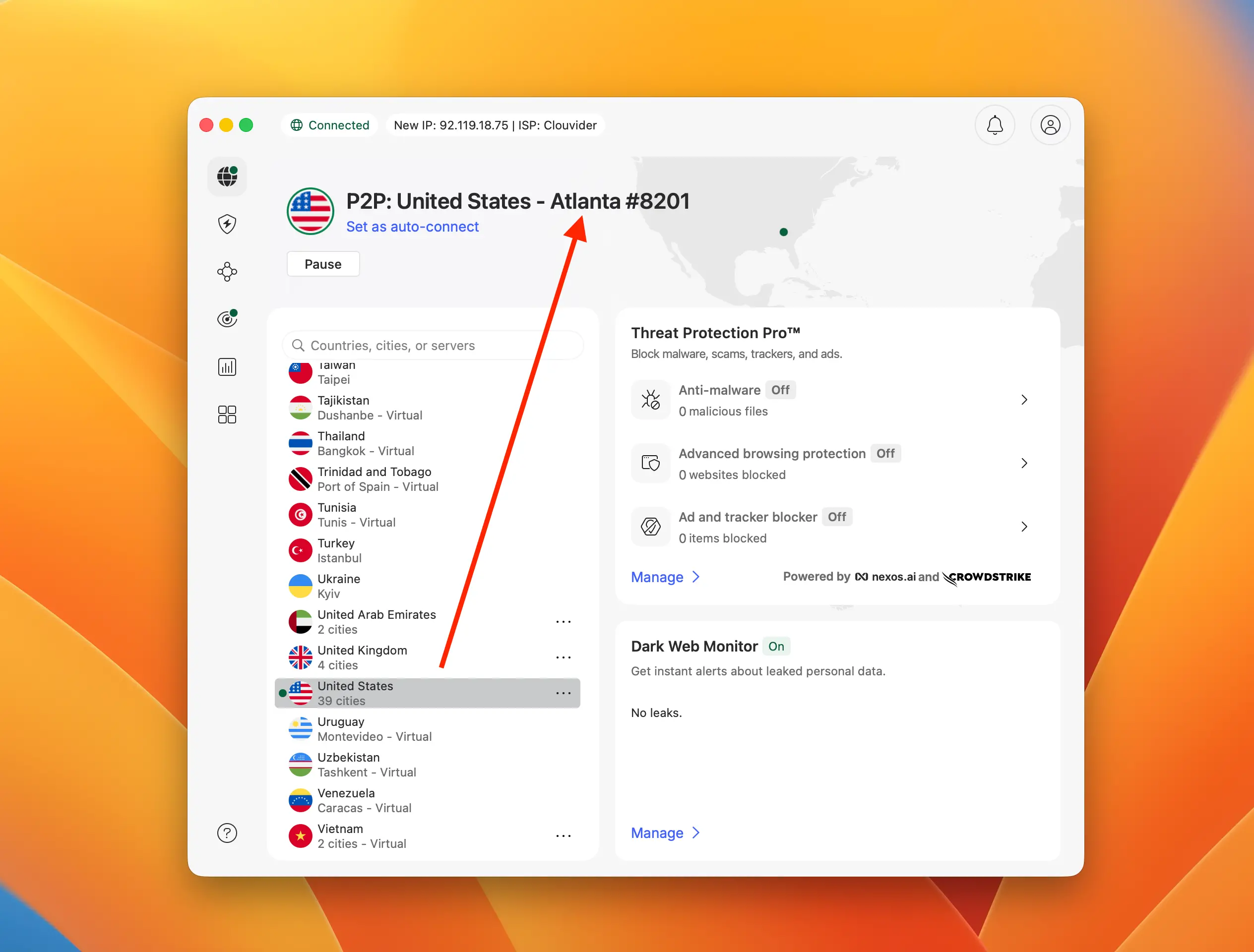 NordVPN atlanta server to watch Indy 500 | Venclikovi.com NordVPN interface showing a successful connection to a United States server in Atlanta to bypass geo-blocks and stream the 2026 Indy 500 on FOX.
