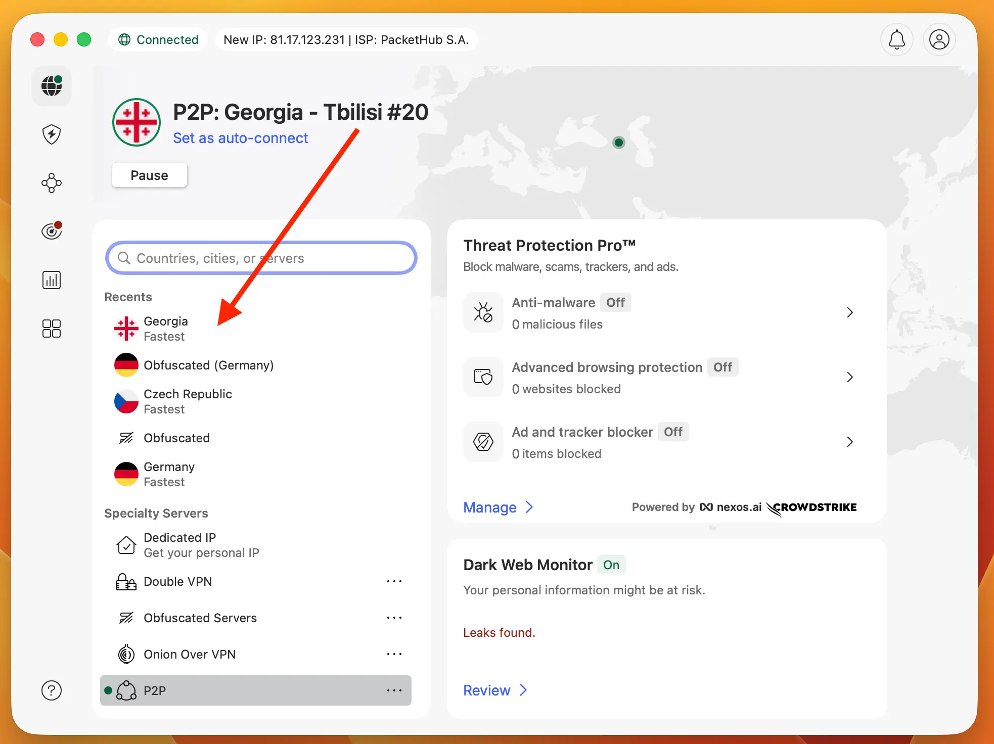 NordVPN connect to Georgia server | Venclikovi.com Screenshot of the NordVPN desktop application interface showing a successful connection to a server in Tbilisi, Georgia, with a red arrow highlighting the selected region.