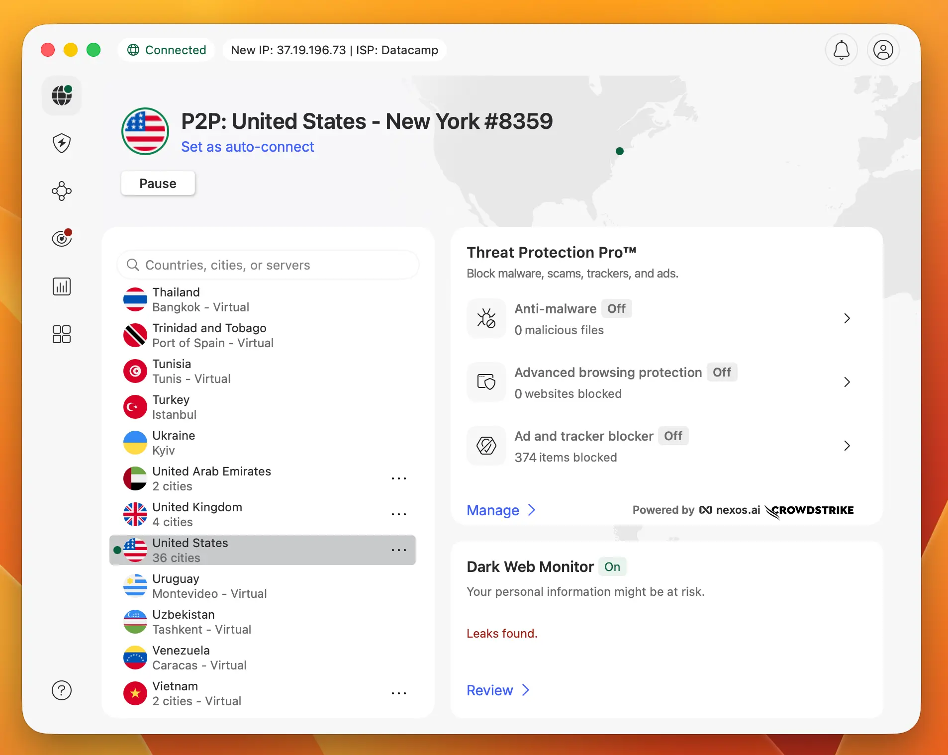 NordVPN connect to US server ChatGPT | Venclikovi.com A screenshot of the NordVPN desktop application interface showing a successful connection to a P2P server in New York, United States.