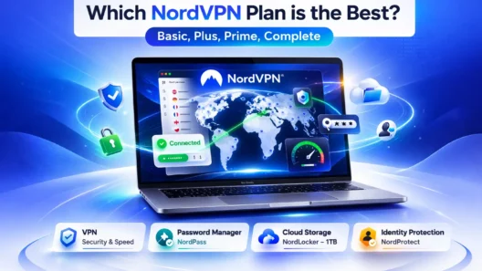 Which NordVPN Plan Is the Best hero image featuring a MacBook with the NordVPN app interface, global server map, security icons, and headline comparing Basic, Plus, Prime, and Complete plans on a blue gradient background.