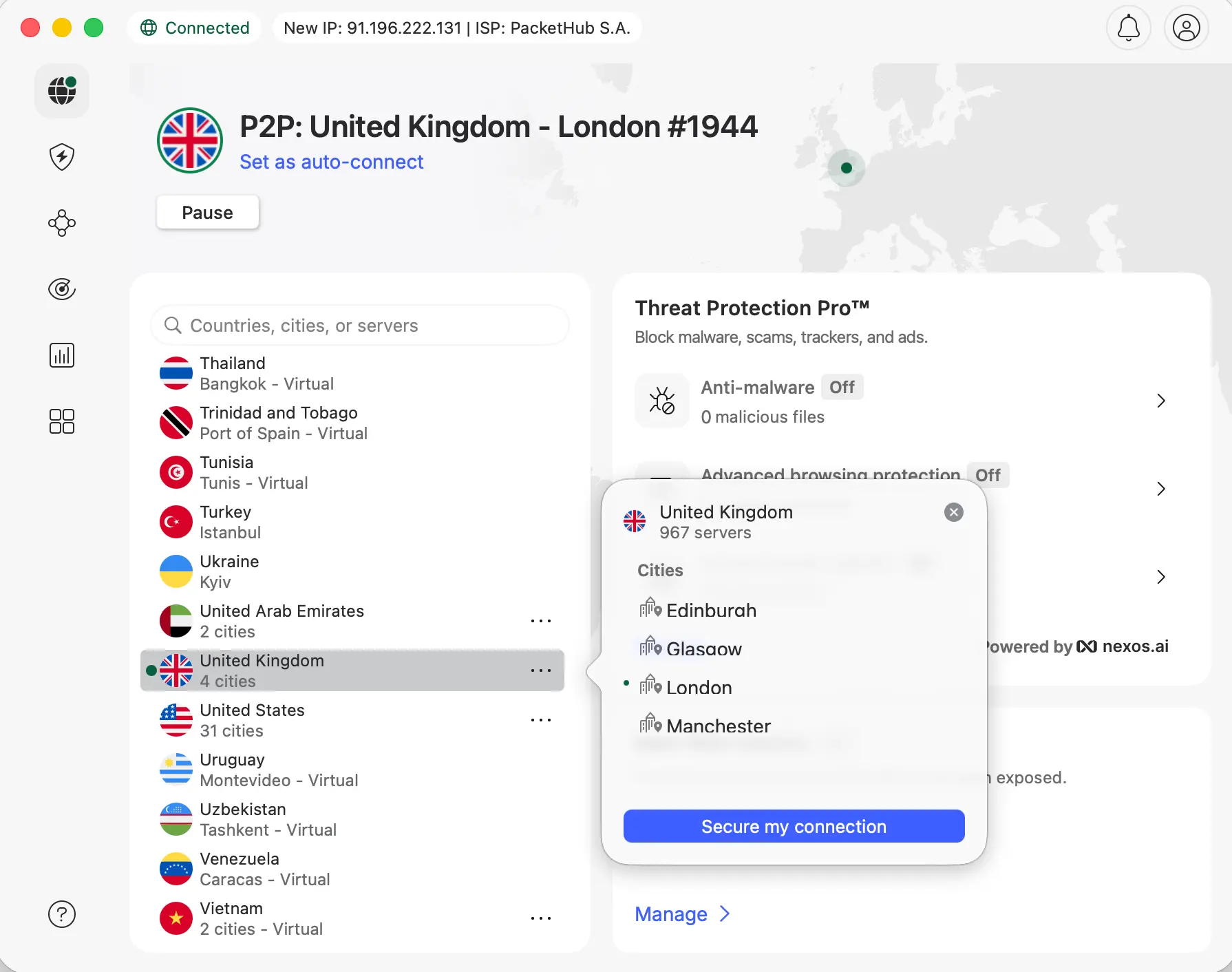 NordVPN | Venclikovi.com NordVPN connected to a UK server in London with city options including Edinburgh, Glasgow, London, and Manchester