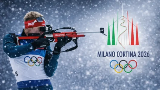 Biathlon athlete aiming during a snowy race at the Winter Olympics Milano Cortina 2026, capturing the intensity of live Olympic biathlon competition.