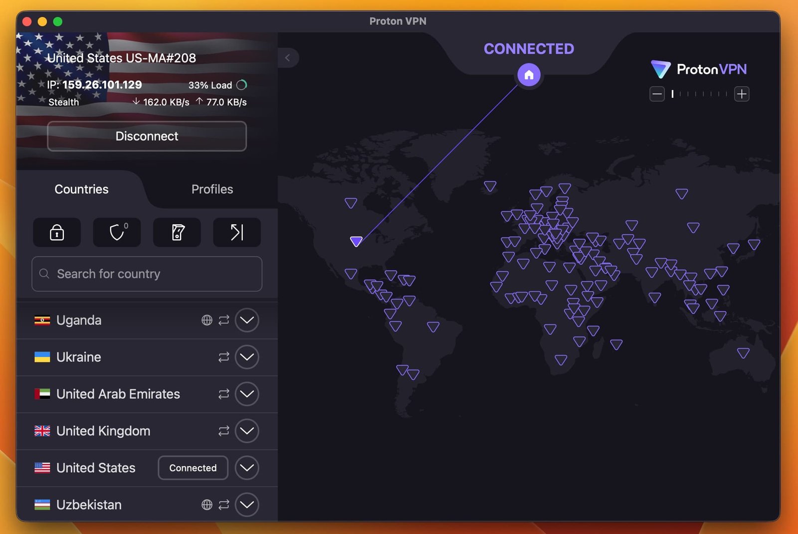 PRotonVPN for unblock ChatGPT | Venclikovi.com A screenshot of the Proton VPN desktop application in dark mode showing a successful connection to a server in Massachusetts, United States.