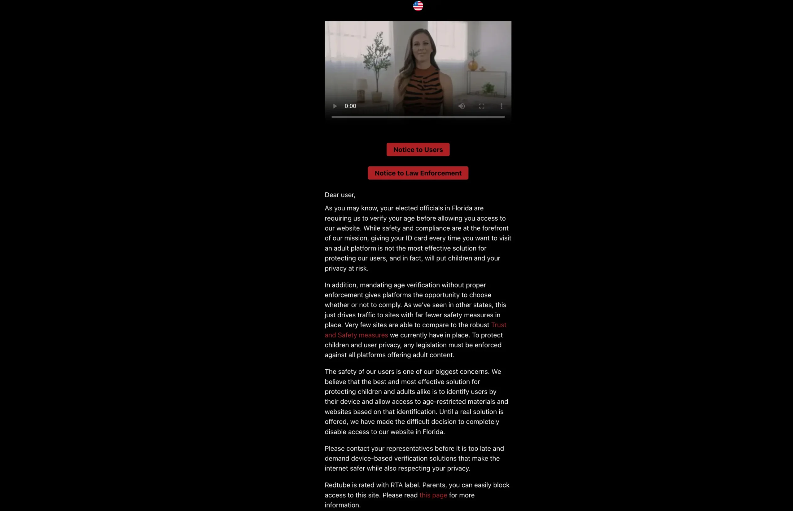 Redtube_Florida_Block_Message_Red | Venclikovi.com Redtube warning message shown to Florida users due to age verification laws, highlighting the site’s protest block strategy