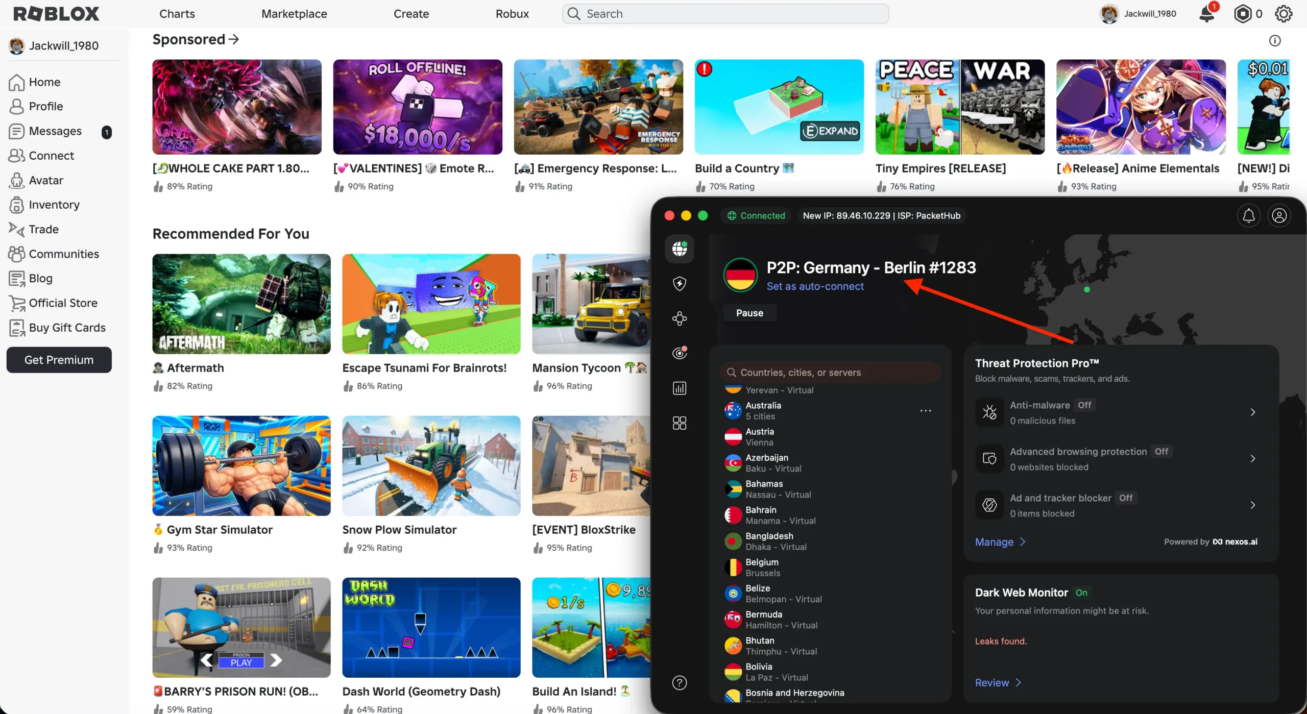 Roblox play Russia - connect to Germany NordVPN server | Venclikovi.com Roblox homepage loaded successfully while connected to a NordVPN server in Berlin, Germany, showing how the game works from Russia using a secure VPN connection.