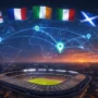 Aerial view of a rugby stadium at sunset with digital flags of England, France, Ireland, Wales, Scotland, and Italy above a stylized world map showing VPN connection points across Europe.