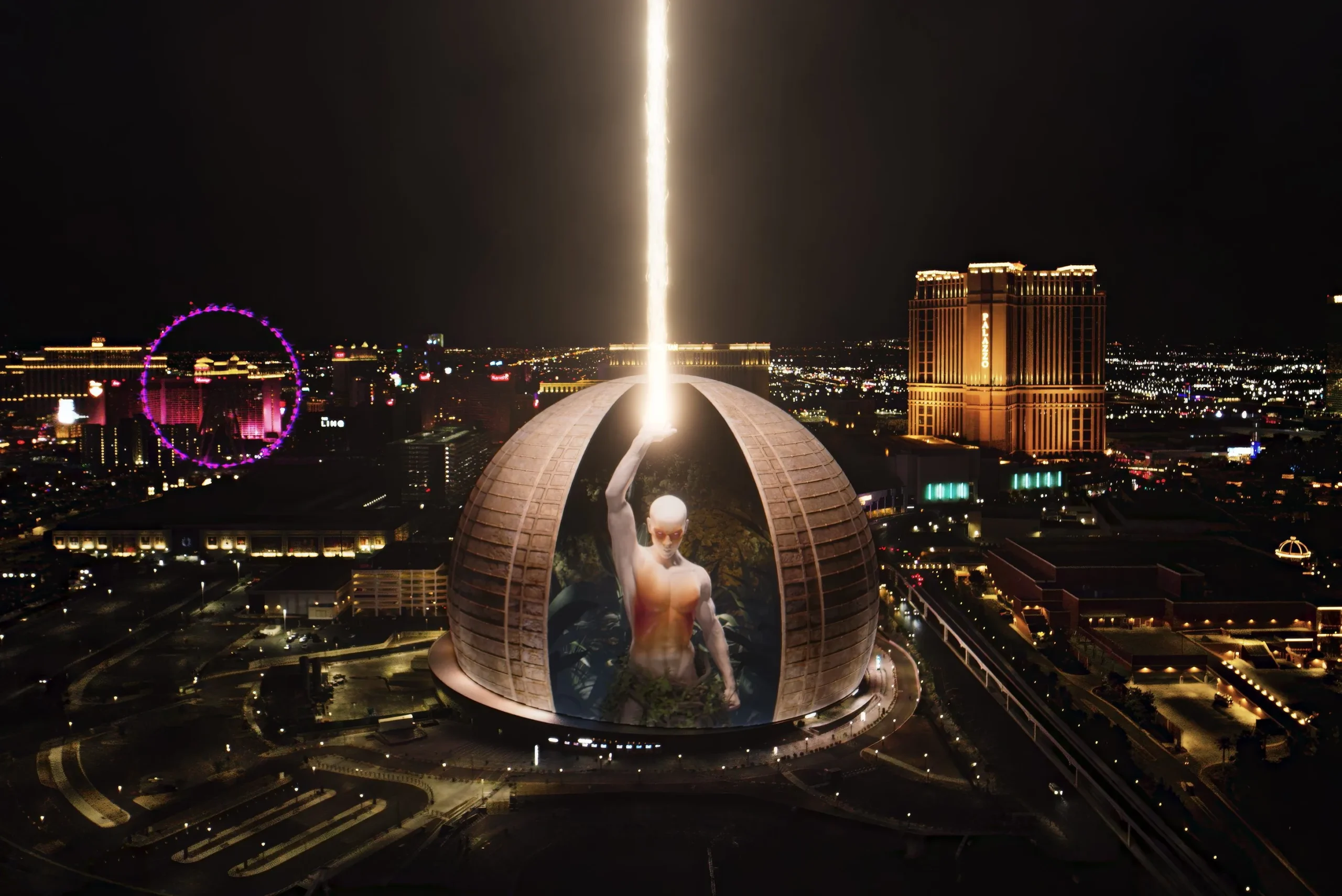 Sphere | Venclikovi.com The Sphere illuminated at night, showcasing its massive 16K resolution LED exterior that dominates the Las Vegas skyline.