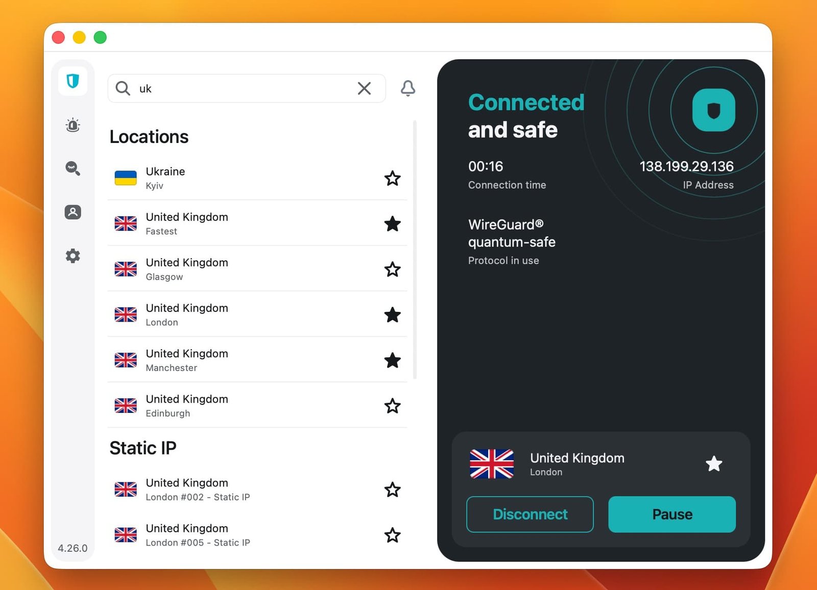SurfShark Unblock ChatGPT | Venclikovi.com A screenshot of the Surfshark VPN interface showing a "Connected and safe" status using the WireGuard protocol on a United Kingdom server.