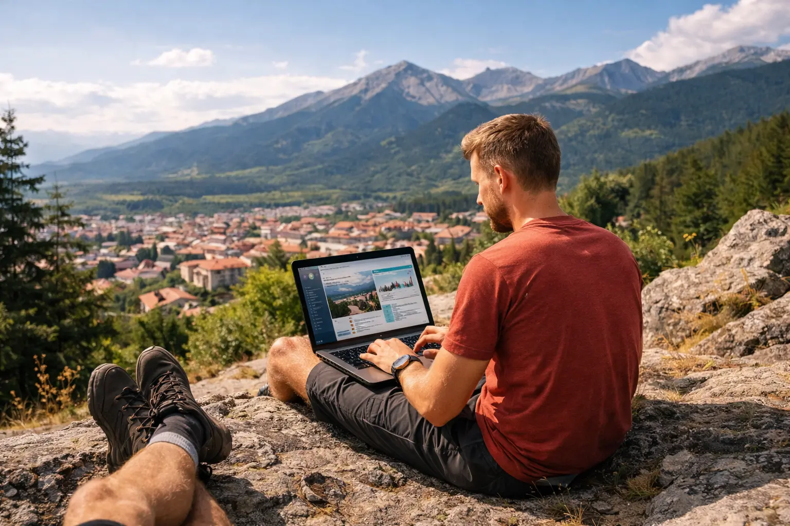 The Bansko Mountain Office | Venclikovi.com A remote worker using a laptop while sitting on a rocky mountain peak overlooking the town of Bansko and the Bulgarian mountain range.