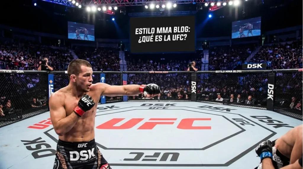 UFC | Venclikovi.com A professional MMA fighter in the UFC Octagon during a live event, viewed from the arena floor with fans and broadcast screens in the background.