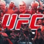 A vibrant UFC promotional collage featuring the official red logo and various famous MMA fighters and champions in action-packed poses.