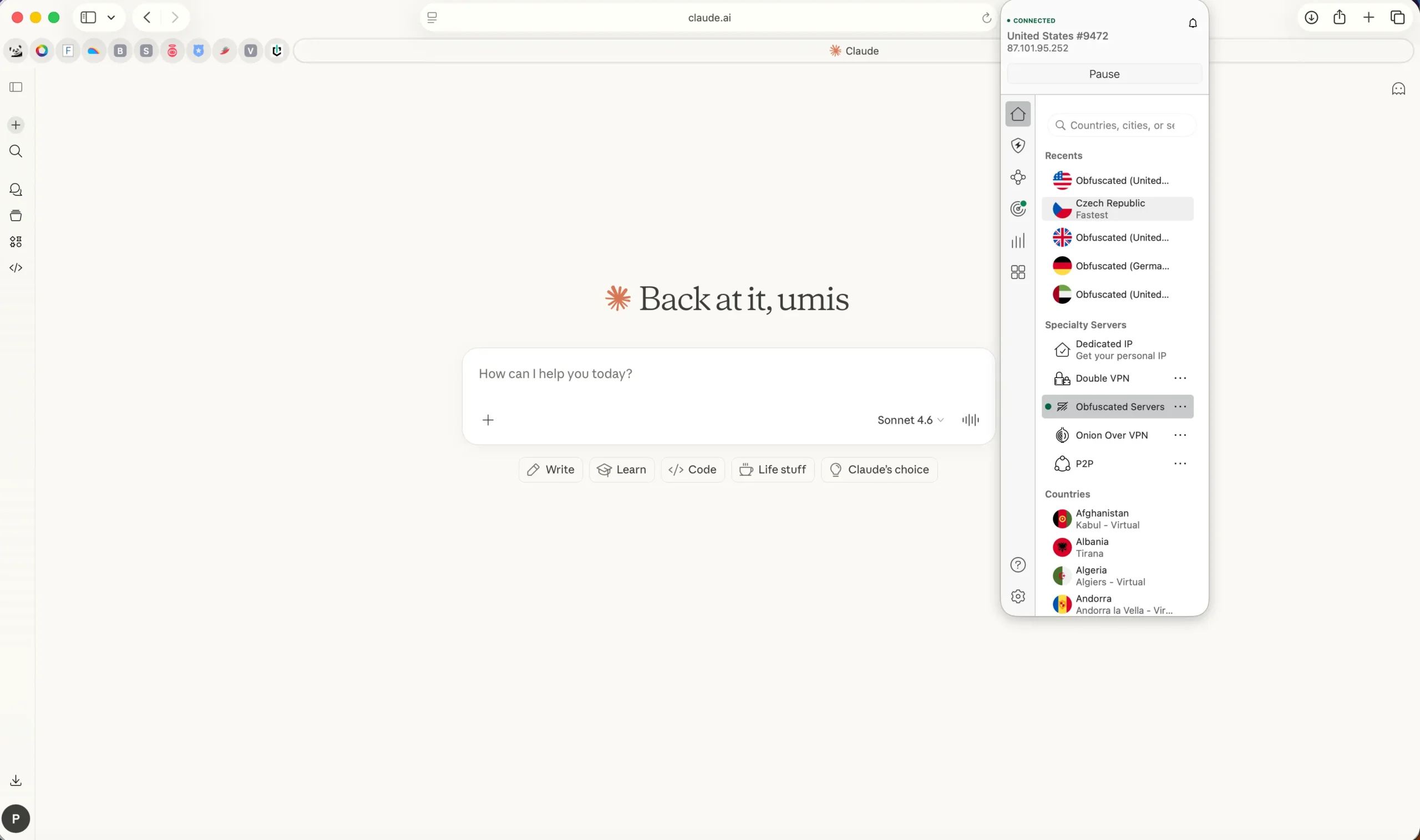 Unblock Claudeai with NordVPN | Venclikovi.com NordVPN settings menu displaying Obfuscated Servers and Dedicated IP features over the Claude.ai website.