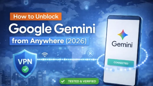 Google Gemini access worldwide with secure VPN connection shown on smartphone and global network background, illustrating bypass of regional restrictions.