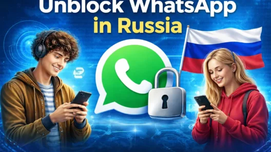 Illustration showing people using smartphones with a WhatsApp icon, padlock symbol, and Russian flag representing secure WhatsApp access in Russia using privacy protection tools
