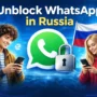 Illustration showing people using smartphones with a WhatsApp icon, padlock symbol, and Russian flag representing secure WhatsApp access in Russia using privacy protection tools