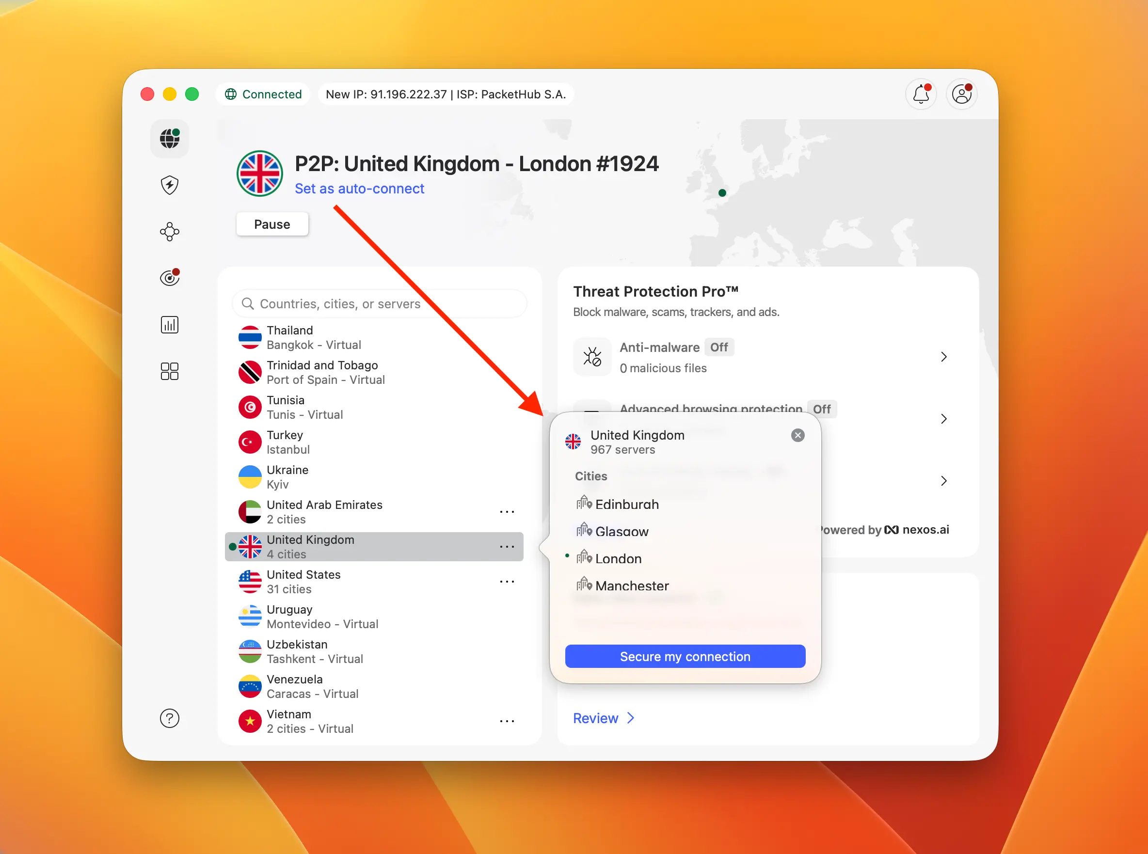 VPN-server-selection-UK-NordVPN-biathlon-2026 | Venclikovi.com NordVPN server selection screen showing UK locations (London, Manchester, Glasgow, Edinburgh) — used to unblock BBC iPlayer for Olympic Biathlon 2026 streaming abroad.