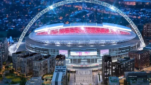A stunning night-time aerial view of Wembley Stadium with its massive arch illuminated in white light and the bowl glowing red.
