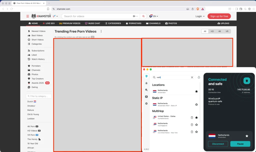 XHamster unblock with SurfShark | Venclikovi.com Surfshark VPN connected to a Netherlands location enabling unrestricted xHamster access in Thailand